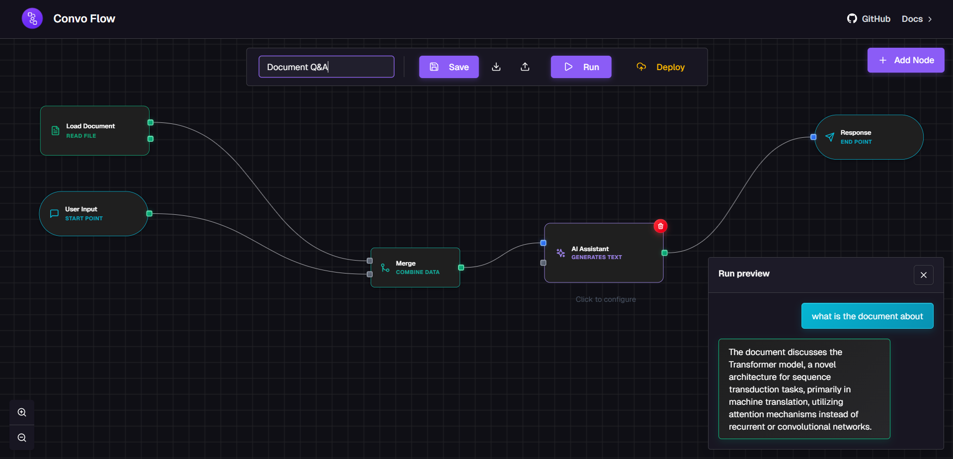 Document Q&A workflow showing query, document loader, knowledge base retrieval, and response nodes